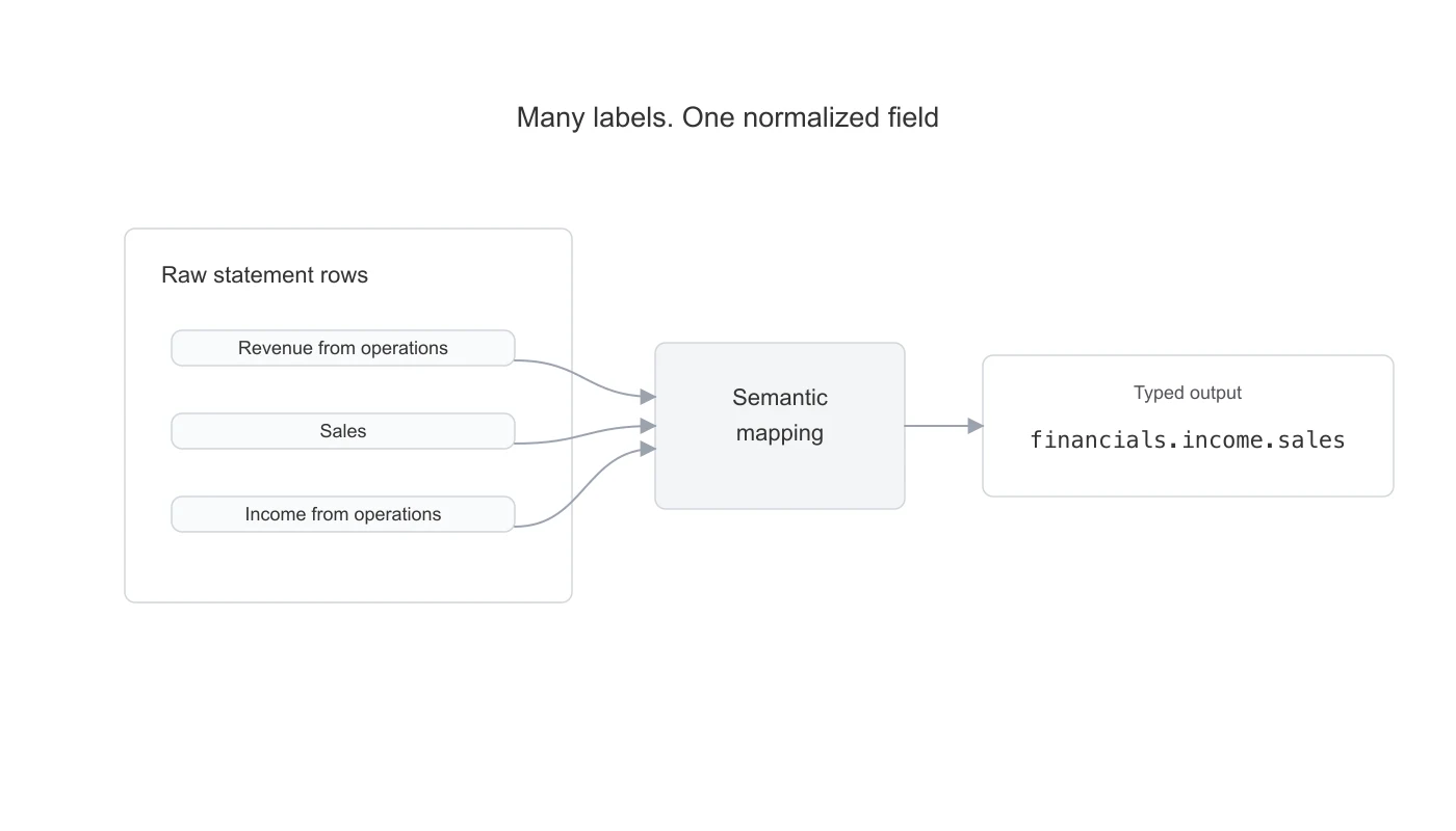 Semantic mapping from raw revenue labels to typed financials